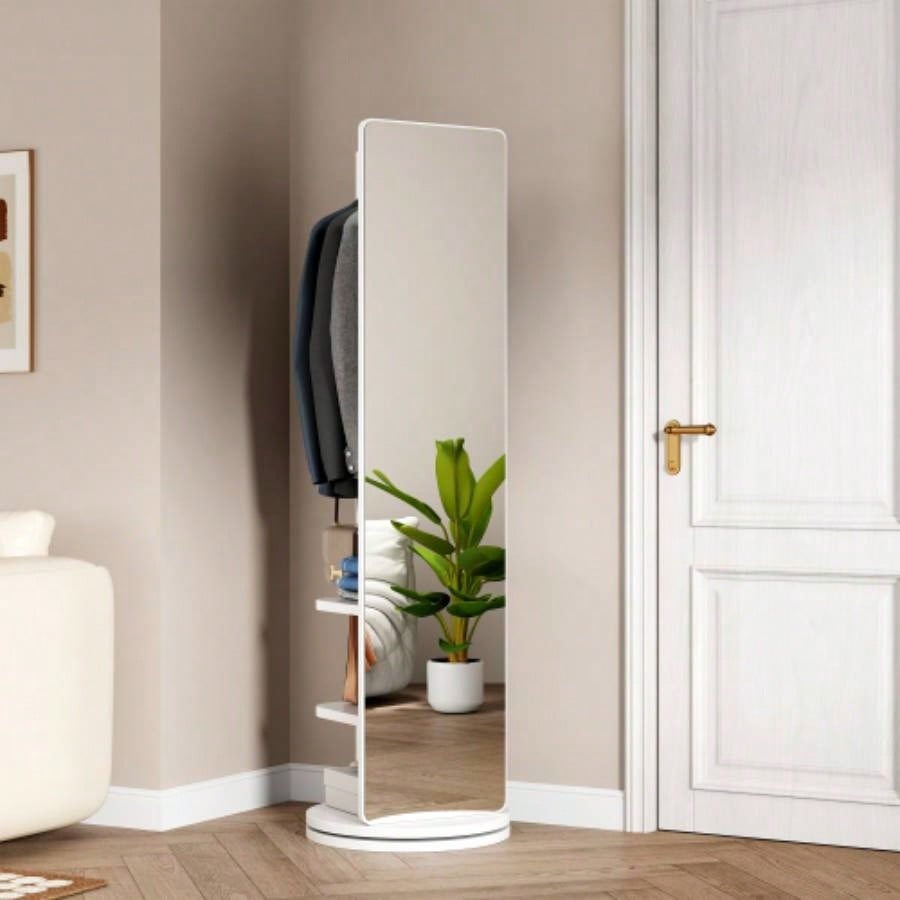 360 Rotating 69x16 Multifunctional Full Length Mirror with Hook Storage Rack Coat Rack with Mirror Solid Wood Floor Mirror Bedroom Living Room Cloakroom Space Saving walnut