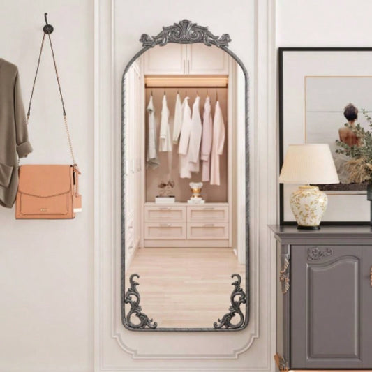 58x24 Arched Full Body Mirror with Vintage Ornate Carved Applique on Top and Bottom, Hanging Wall Mounted Mirror, Living Room Bedroom Retro Home Decor Mirror, Antique Silver