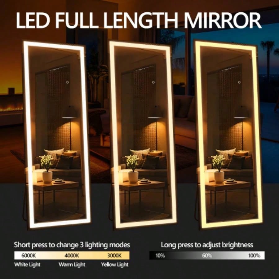 60x16 Inch Full Length Mirror with Lights, Full Body Dressing Standing, Hanging Mounted Mirror Living Room Bedroom Cloakroom, Square Black