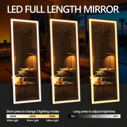 60x16 Inch Full Length Mirror with Lights, Full Body Dressing Standing, Hanging Mounted Mirror Living Room Bedroom Cloakroom, Square Black