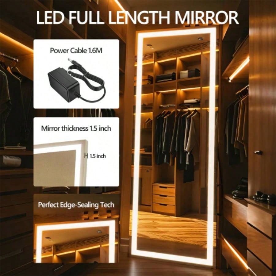 60x16 Inch Full Length Mirror with Lights, Full Body Dressing Standing, Hanging Mounted Mirror Living Room Bedroom Cloakroom, Square Black
