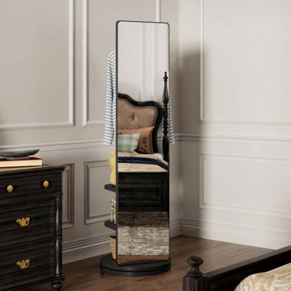 360 Rotating 66x14 Multifunctional Full Length Mirror with Hook Storage Rack Coat Rack with Mirror Solid Wood Floor Mirror Bedroom Living Room Cloakroom Space Saving wh