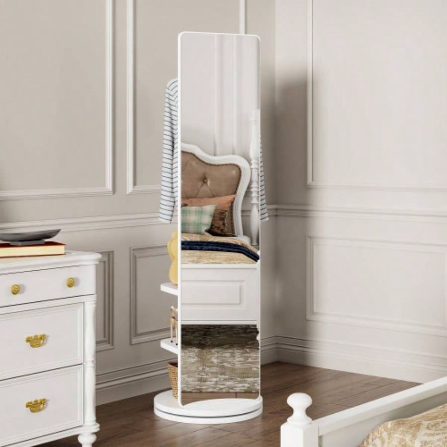 360 Rotating 66x14 Multifunctional Full Length Mirror with Hook Storage Rack Coat Rack with Mirror Solid Wood Floor Mirror Bedroom Living Room Cloakroom Space Saving wh