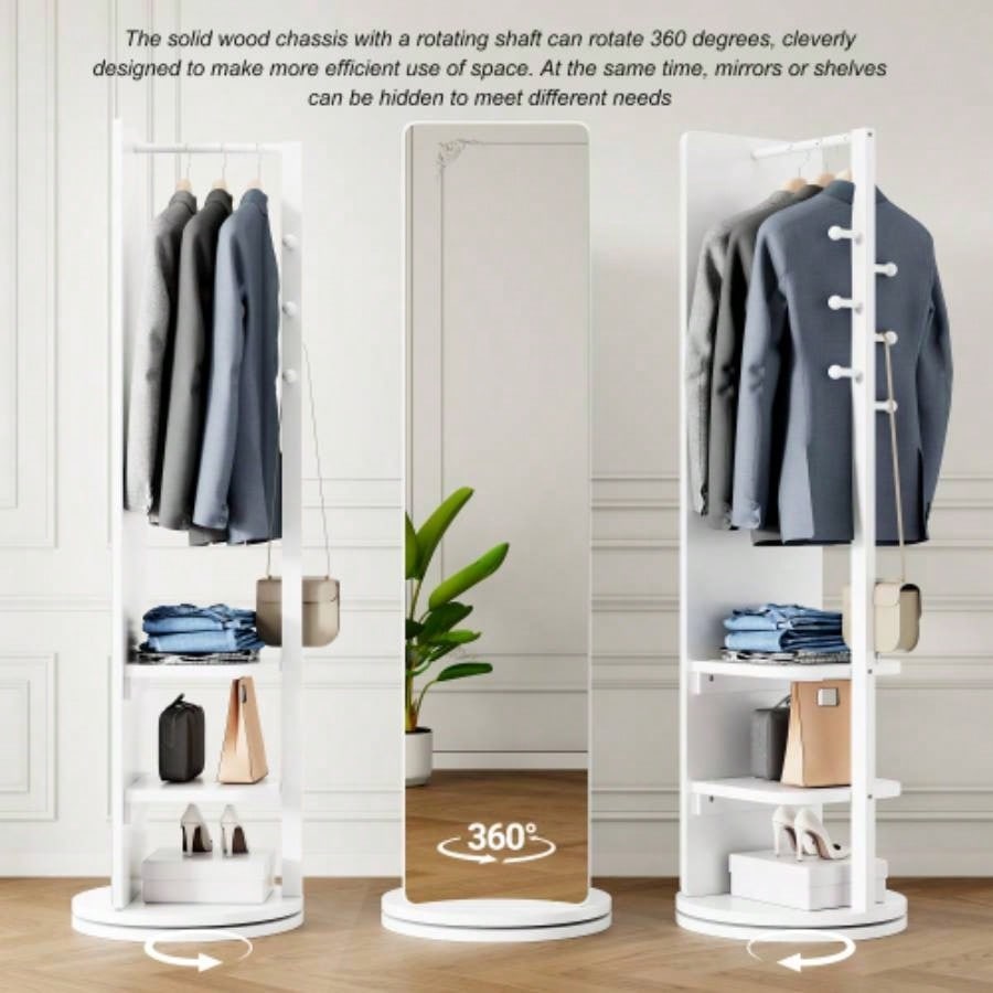 360 Rotating 66x14 Multifunctional Full Length Mirror with Hook Storage Rack Coat Rack with Mirror Solid Wood Floor Mirror Bedroom Living Room Cloakroom Space Saving wh