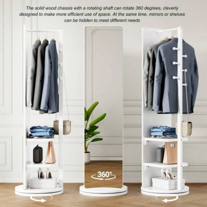 360 Rotating 66x14 Multifunctional Full Length Mirror with Hook Storage Rack Coat Rack with Mirror Solid Wood Floor Mirror Bedroom Living Room Cloakroom Space Saving wh