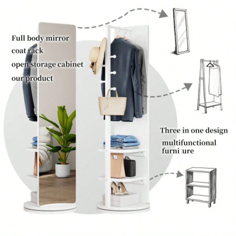 360 Rotating 66x14 Multifunctional Full Length Mirror with Hook Storage Rack Coat Rack with Mirror Solid Wood Floor Mirror Bedroom Living Room Cloakroom Space Saving wh