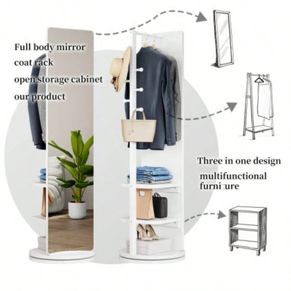 360 Rotating 66x14 Multifunctional Full Length Mirror with Hook Storage Rack Coat Rack with Mirror Solid Wood Floor Mirror Bedroom Living Room Cloakroom Space Saving wh
