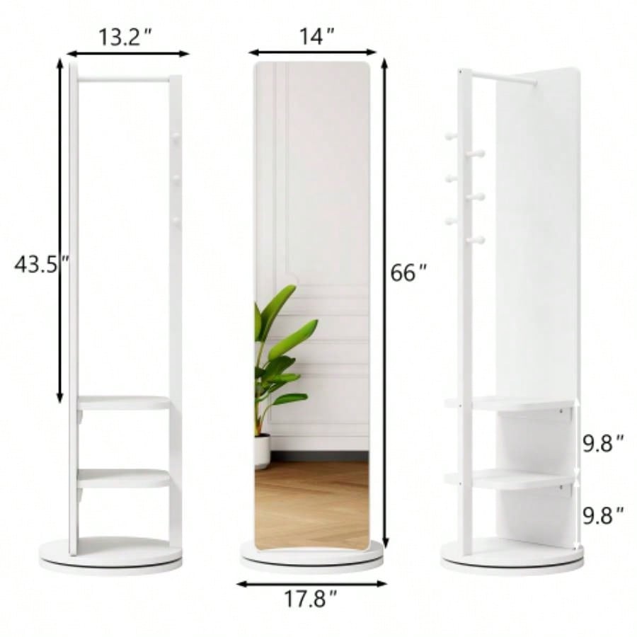 360 Rotating 66x14 Multifunctional Full Length Mirror with Hook Storage Rack Coat Rack with Mirror Solid Wood Floor Mirror Bedroom Living Room Cloakroom Space Saving wh