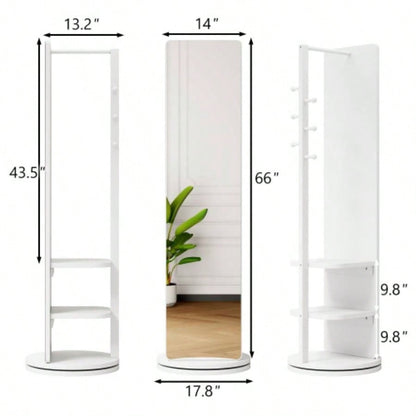 360 Rotating 66x14 Multifunctional Full Length Mirror with Hook Storage Rack Coat Rack with Mirror Solid Wood Floor Mirror Bedroom Living Room Cloakroom Space Saving wh