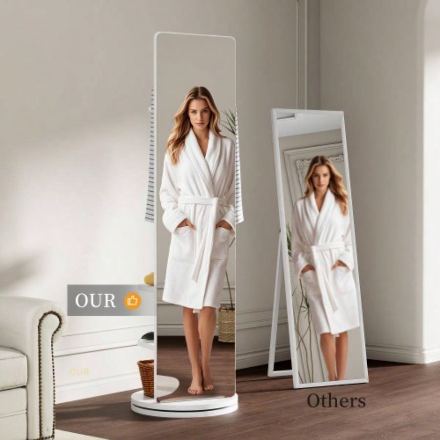 360 Rotating 66x14 Multifunctional Full Length Mirror with Hook Storage Rack Coat Rack with Mirror Solid Wood Floor Mirror Bedroom Living Room Cloakroom Space Saving wh