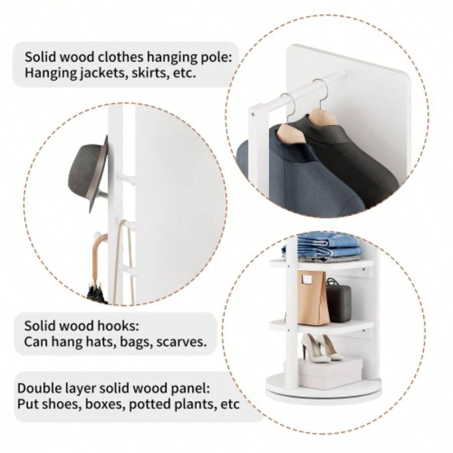360 Rotating 66x14 Multifunctional Full Length Mirror with Hook Storage Rack Coat Rack with Mirror Solid Wood Floor Mirror Bedroom Living Room Cloakroom Space Saving wh