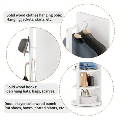 360 Rotating 66x14 Multifunctional Full Length Mirror with Hook Storage Rack Coat Rack with Mirror Solid Wood Floor Mirror Bedroom Living Room Cloakroom Space Saving wh