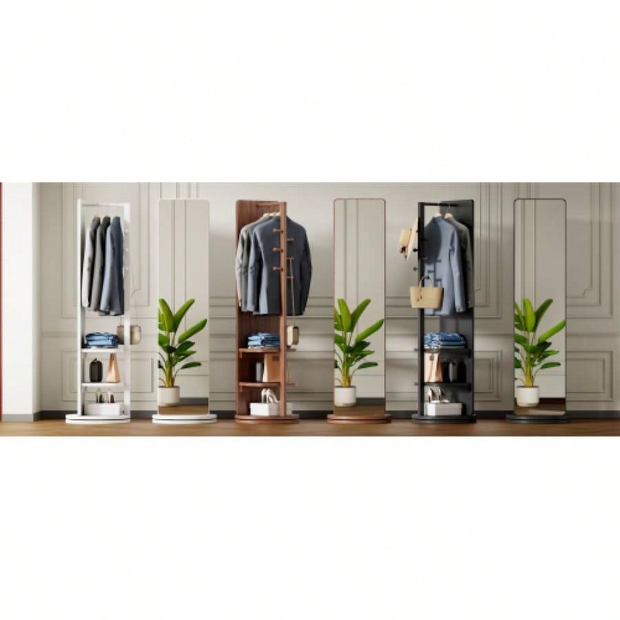 360 Rotating 66x14 Multifunctional Full Length Mirror with Hook Storage Rack Coat Rack with Mirror Solid Wood Floor Mirror Bedroom Living Room Cloakroom Space Saving wh