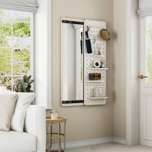 Wall Mounted Full Length Mirror, Full Body Mirror with Shelf, Full Body Mirror with Hook Wall Mounted Mirror with Multifunctional Design Panel, Bedroom/Living Room/Entrance White47.6*15.7in