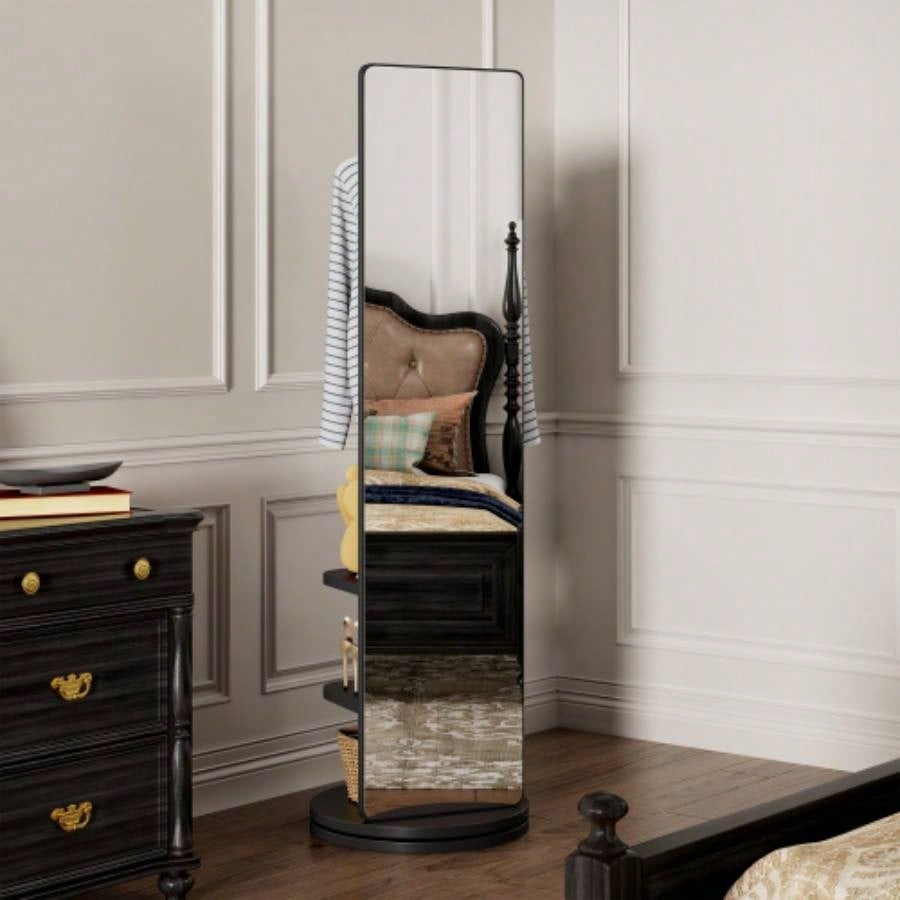 360 Rotating 66x14 Multifunctional Full Length Mirror with Hook Storage Rack Coat Rack with Mirror Solid Wood Floor Mirror Bedroom Living Room Cloakroom Space Saving wh