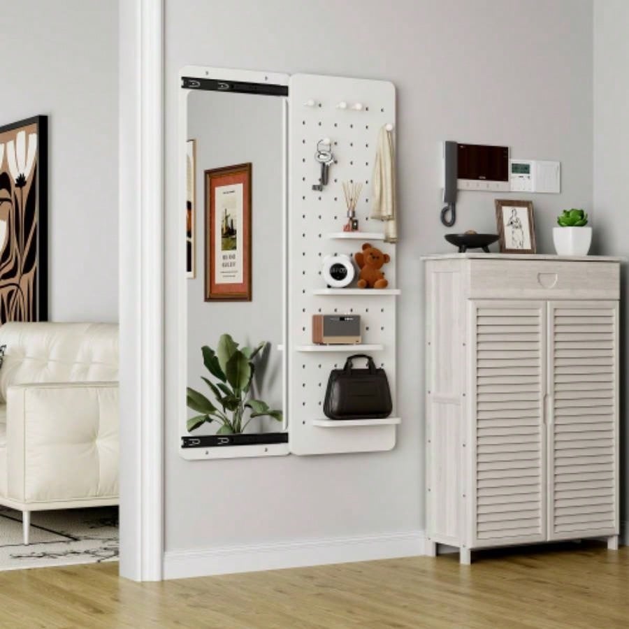 Wall Mounted Full Length Mirror, Full Body Mirror with Shelf, Full Body Mirror with Hook Wall Mounted Mirror with Multifunctional Design Panel, Bedroom/Living Room/Entrance White47.6*15.7in