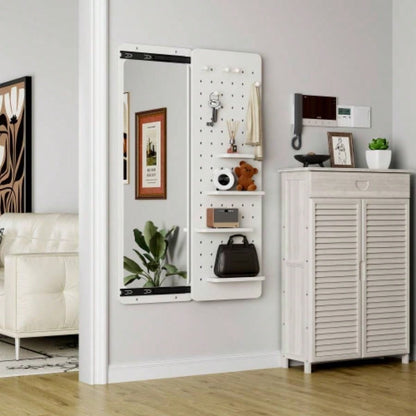 Wall Mounted Full Length Mirror, Full Body Mirror with Shelf, Full Body Mirror with Hook Wall Mounted Mirror with Multifunctional Design Panel, Bedroom/Living Room/Entrance White47.6*15.7in