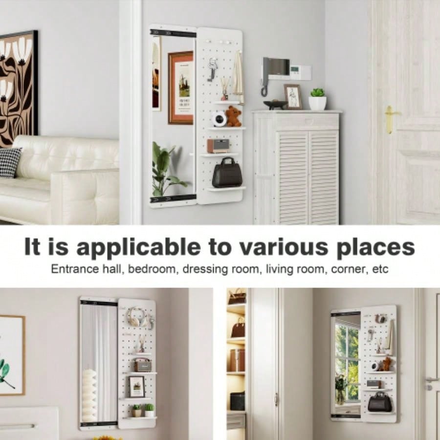 Wall Mounted Full Length Mirror, Full Body Mirror with Shelf, Full Body Mirror with Hook Wall Mounted Mirror with Multifunctional Design Panel, Bedroom/Living Room/Entrance White47.6*15.7in