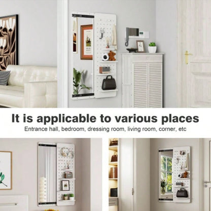 Wall Mounted Full Length Mirror, Full Body Mirror with Shelf, Full Body Mirror with Hook Wall Mounted Mirror with Multifunctional Design Panel, Bedroom/Living Room/Entrance White47.6*15.7in