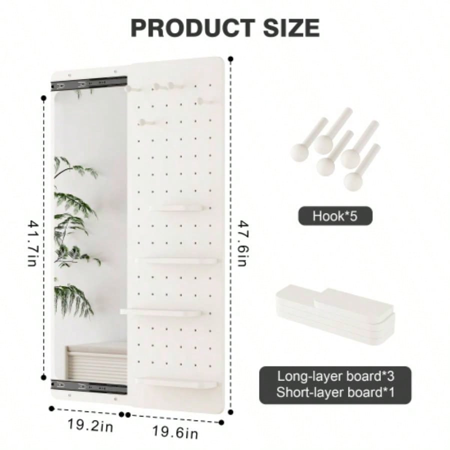 Wall Mounted Full Length Mirror, Full Body Mirror with Shelf, Full Body Mirror with Hook Wall Mounted Mirror with Multifunctional Design Panel, Bedroom/Living Room/Entrance White47.6*15.7in