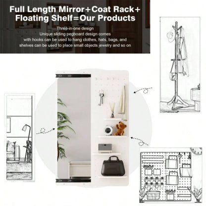 Wall Mounted Full Length Mirror, Full Body Mirror with Shelf, Full Body Mirror with Hook Wall Mounted Mirror with Multifunctional Design Panel, Bedroom/Living Room/Entrance White47.6*15.7in