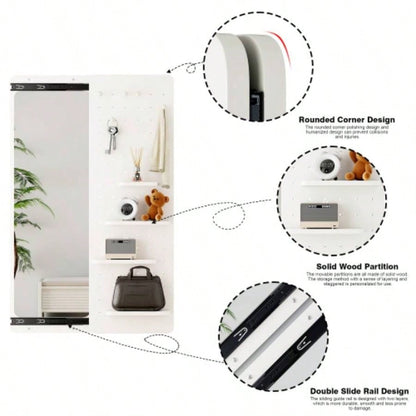 Wall Mounted Full Length Mirror, Full Body Mirror with Shelf, Full Body Mirror with Hook Wall Mounted Mirror with Multifunctional Design Panel, Bedroom/Living Room/Entrance White47.6*15.7in
