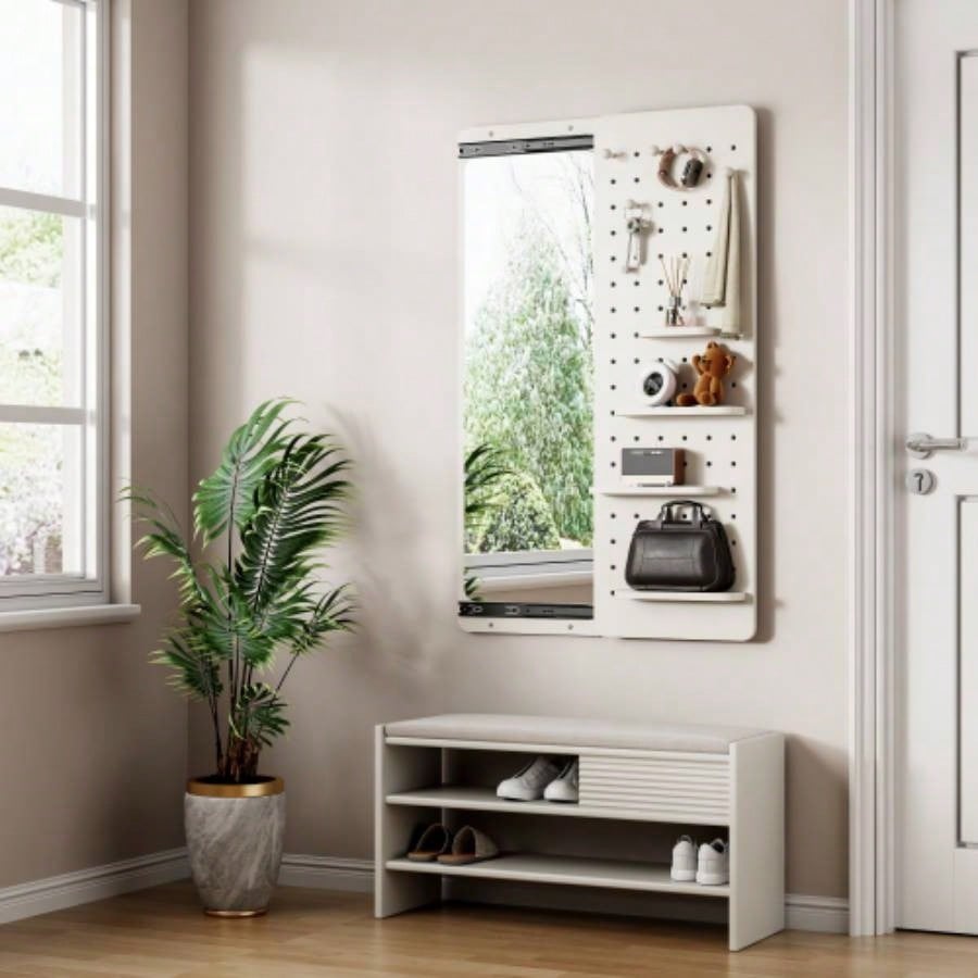 Wall Mounted Full Length Mirror, Full Body Mirror with Shelf, Full Body Mirror with Hook Wall Mounted Mirror with Multifunctional Design Panel, Bedroom/Living Room/Entrance White47.6*15.7in