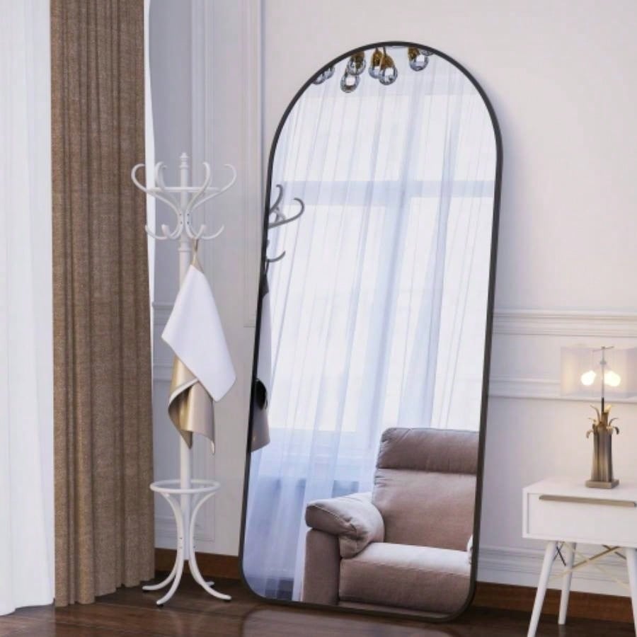 Arch Full Length Mirror 7132 Big Full Body Mirror Bedroom Oversized Floor Mirror Large Standing Mirror Living Room Dressing Mirror Leaning Against Wall, Metal Frame, Black
