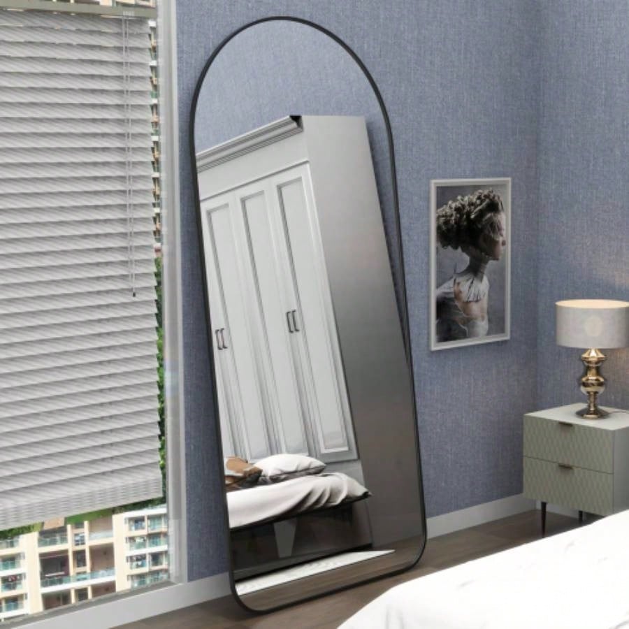 Arch Full Length Mirror 7132 Big Full Body Mirror Bedroom Oversized Floor Mirror Large Standing Mirror Living Room Dressing Mirror Leaning Against Wall, Metal Frame, Black
