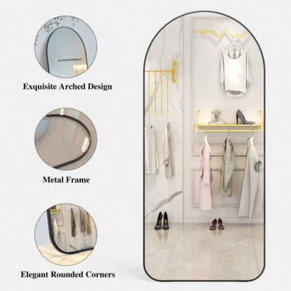 Arch Full Length Mirror 7132 Big Full Body Mirror Bedroom Oversized Floor Mirror Large Standing Mirror Living Room Dressing Mirror Leaning Against Wall, Metal Frame, Black