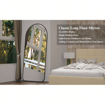 Arch Full Length Mirror 7132 Big Full Body Mirror Bedroom Oversized Floor Mirror Large Standing Mirror Living Room Dressing Mirror Leaning Against Wall, Metal Frame, Black