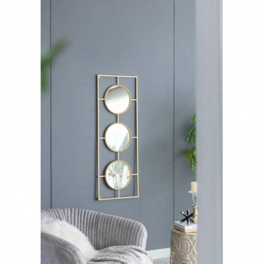 3 Mirror Piece Wall Mirror in Gold Rectangular Frame, Home Wall Decor Bedroom Living Room, 43x16