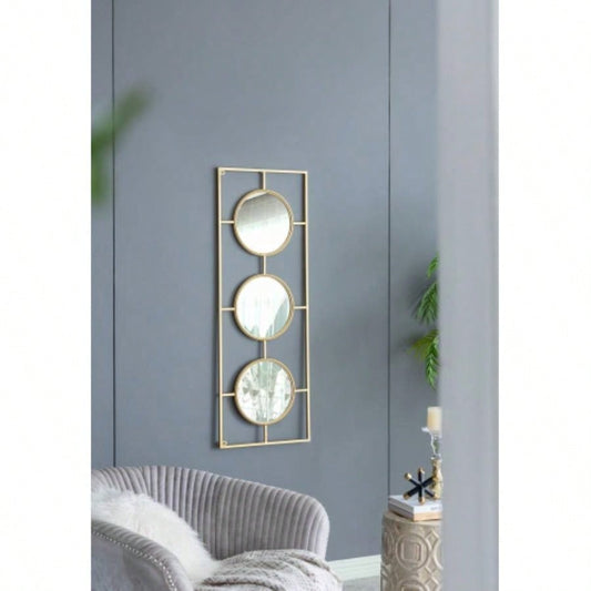 3 Mirror Piece Wall Mirror in Gold Rectangular Frame, Home Wall Decor Bedroom Living Room, 43x16