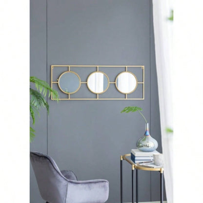 3 Mirror Piece Wall Mirror in Gold Rectangular Frame, Home Wall Decor Bedroom Living Room, 43x16