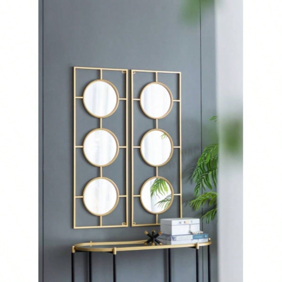 3 Mirror Piece Wall Mirror in Gold Rectangular Frame, Home Wall Decor Bedroom Living Room, 43x16