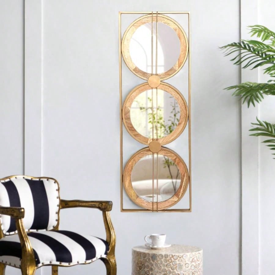 3 Mirror Piece Wall Mirror in Gold Rectangular Frame, Home Wall Decor Bedroom Living Room, 43x16