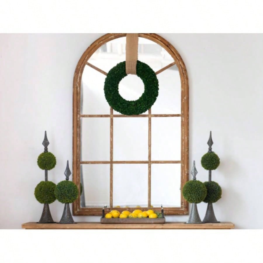 34x54.3 Large Arched Accent Mirror with Brown Frame with Decorative Window Look Classic Architecture Style Solid Fir Wood Interior Decor