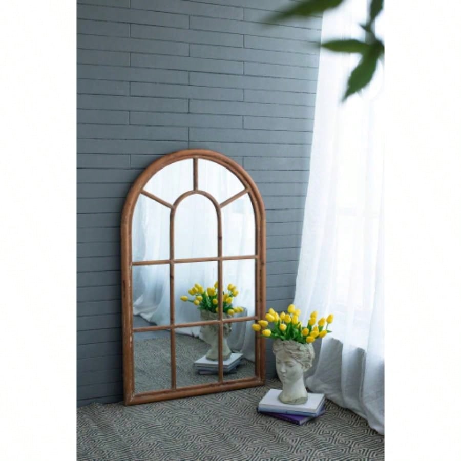 34x54.3 Large Arched Accent Mirror with Brown Frame with Decorative Window Look Classic Architecture Style Solid Fir Wood Interior Decor