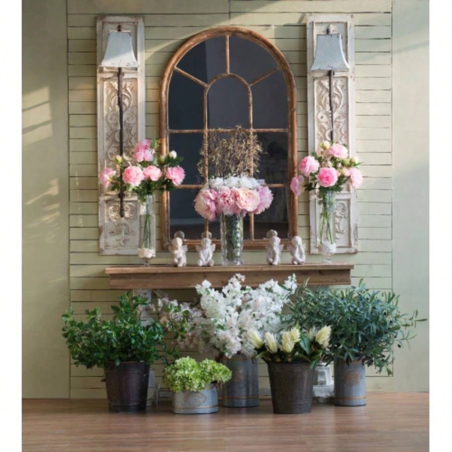 34x54.3 Large Arched Accent Mirror with Brown Frame with Decorative Window Look Classic Architecture Style Solid Fir Wood Interior Decor