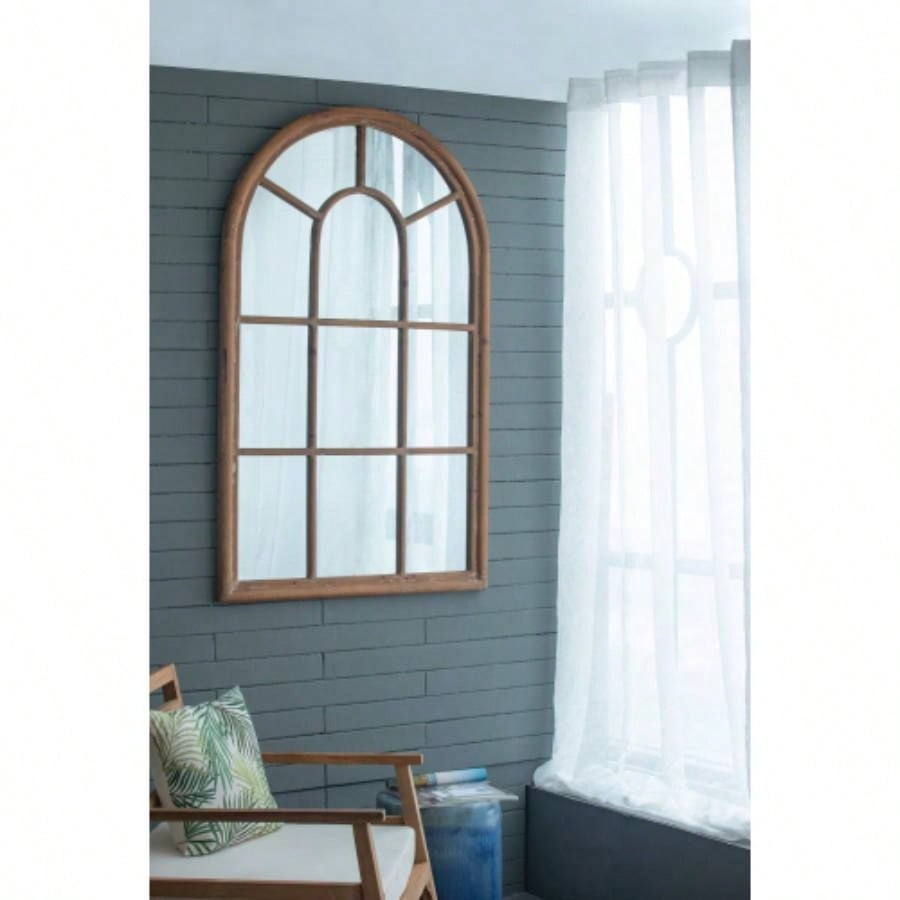 34x54.3 Large Arched Accent Mirror with Brown Frame with Decorative Window Look Classic Architecture Style Solid Fir Wood Interior Decor