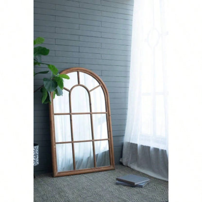 34x54.3 Large Arched Accent Mirror with Brown Frame with Decorative Window Look Classic Architecture Style Solid Fir Wood Interior Decor