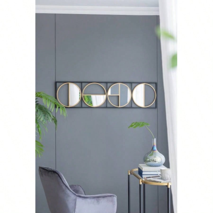 3 Mirror Piece Wall Mirror in Gold Rectangular Frame, Home Wall Decor Bedroom Living Room, 43x16