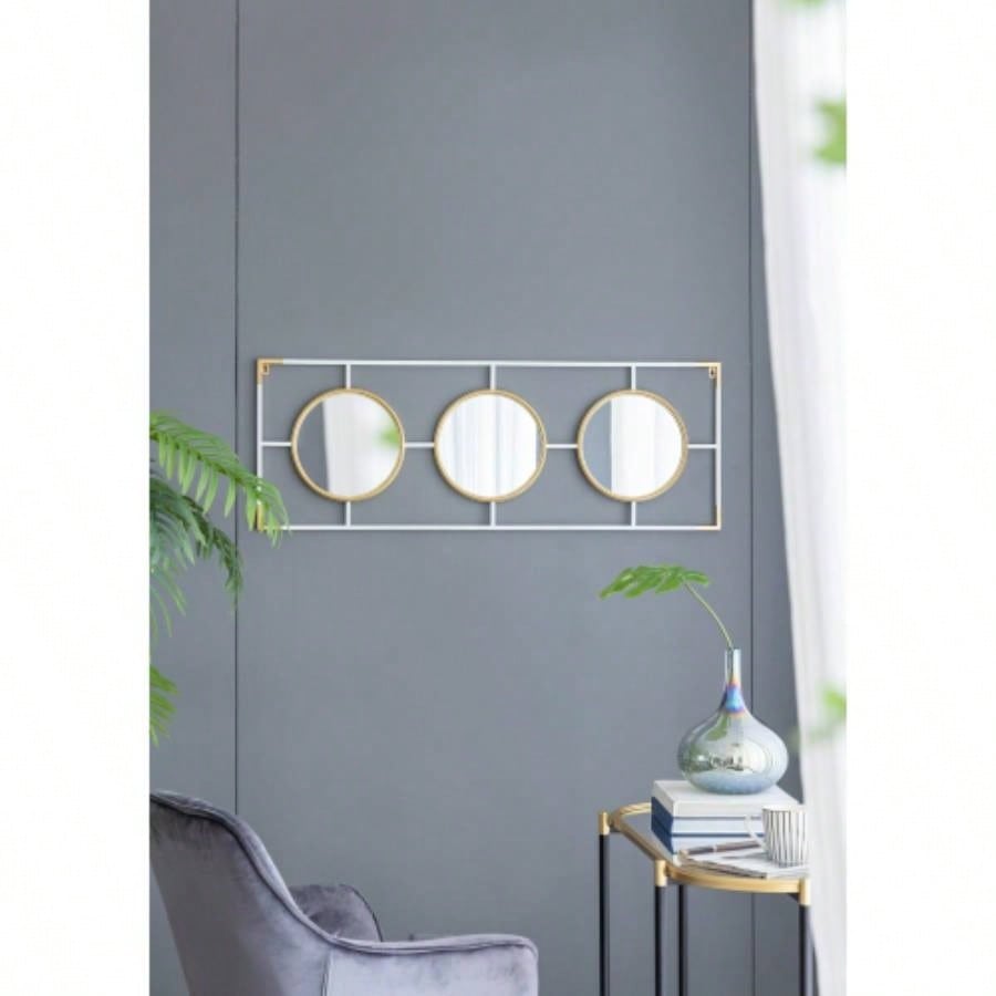 3 Mirror Piece Wall Mirror in Gold Rectangular Frame, Home Wall Decor Bedroom Living Room, 43x16