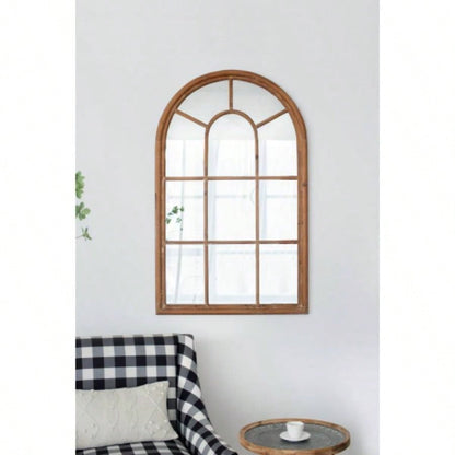 34x54.3 Large Arched Accent Mirror with Brown Frame with Decorative Window Look Classic Architecture Style Solid Fir Wood Interior Decor