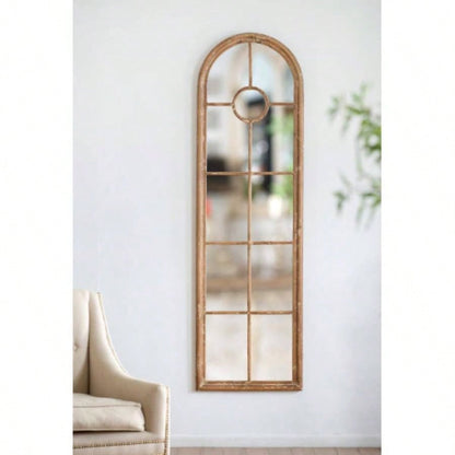 34x54.3 Large Arched Accent Mirror with Brown Frame with Decorative Window Look Classic Architecture Style Solid Fir Wood Interior Decor