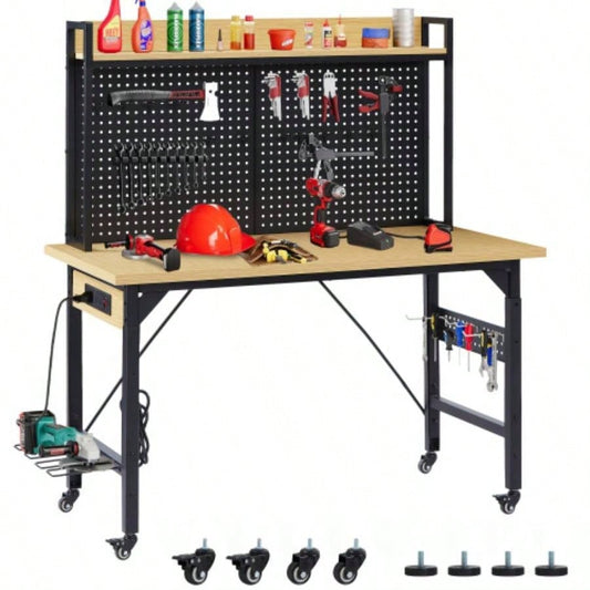 48Adjustable Workbench with pegboard, Heavy Duty Wooden Desktop Workbench with Wheels, 1600 lb. Load Capacity, Rolling Workbench with AC/USB Outlet, Hooks, Shelf, Garage, Workshop, Office, Home.