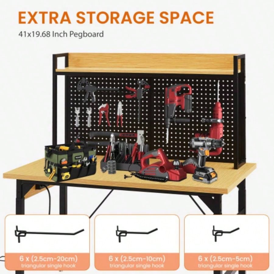 48Adjustable Workbench with pegboard, Heavy Duty Wooden Desktop Workbench with Wheels, 1600 lb. Load Capacity, Rolling Workbench with AC/USB Outlet, Hooks, Shelf, Garage, Workshop, Office, Home.