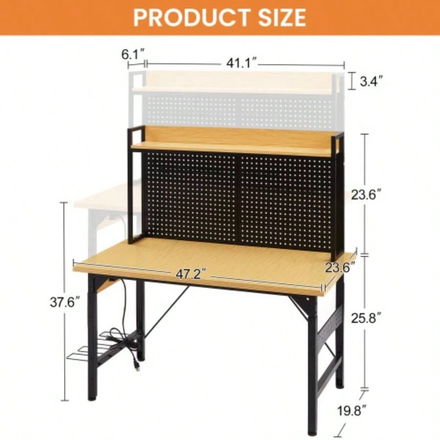48Adjustable Workbench with pegboard, Heavy Duty Wooden Desktop Workbench with Wheels, 1600 lb. Load Capacity, Rolling Workbench with AC/USB Outlet, Hooks, Shelf, Garage, Workshop, Office, Home.