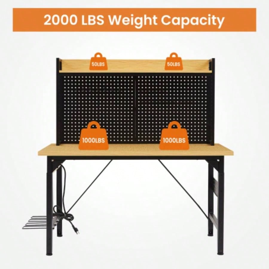 48Adjustable Workbench with pegboard, Heavy Duty Wooden Desktop Workbench with Wheels, 1600 lb. Load Capacity, Rolling Workbench with AC/USB Outlet, Hooks, Shelf, Garage, Workshop, Office, Home.