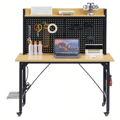 48Adjustable Workbench with pegboard, Heavy Duty Wooden Desktop Workbench with Wheels, 1600 lb. Load Capacity, Rolling Workbench with AC/USB Outlet, Hooks, Shelf, Garage, Workshop, Office, Home.